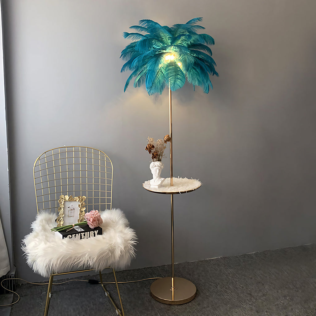 Lampadaire en plumes forme palmier, avec plateau, 115 ou 160 cm, bleu