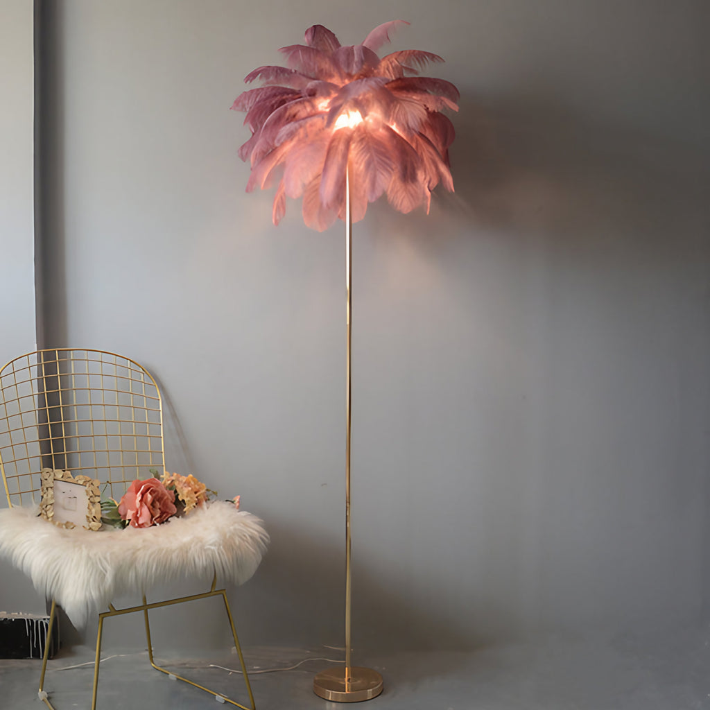 Lampadaire en plumes forme palmier, avec plateau, 115 ou 160 cm, violet