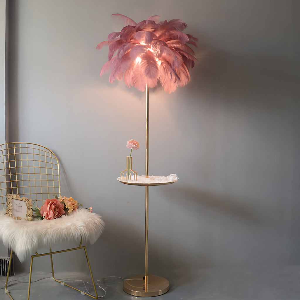 Lampadaire en plumes forme palmier, avec plateau, 115 ou 160 cm, violet