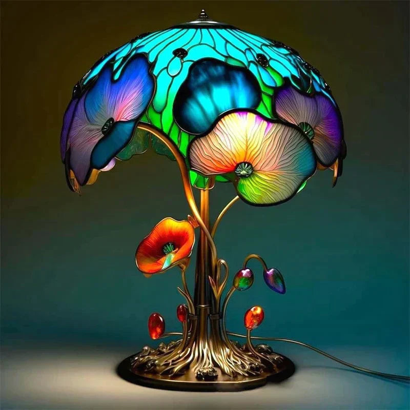Lampe à poser en vitrail de verre coloré, huit motifs au choix