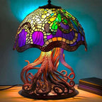 Lampe à poser en vitrail de verre coloré, huit motifs au choix