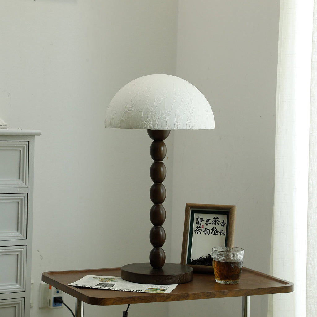 Lampe à poser abat-jour en papier de riz, pied bois et métal