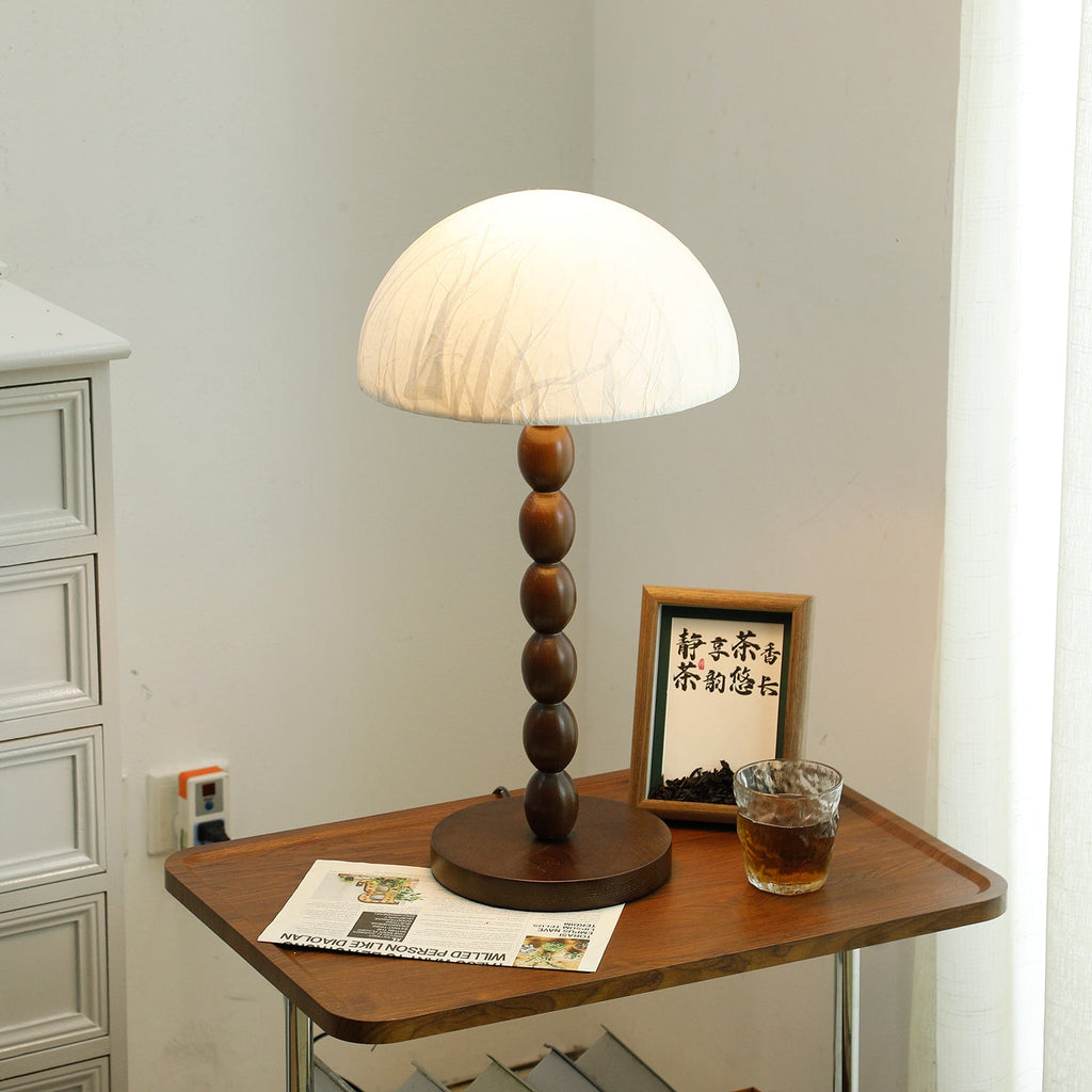 Lampe à poser abat-jour en papier de riz, pied bois et métal