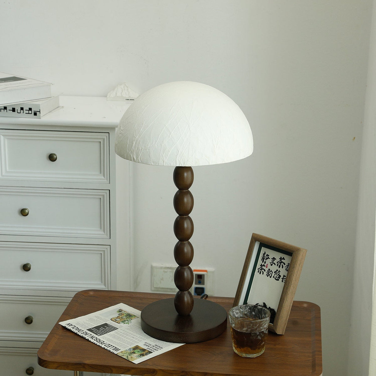 Lampe à poser abat-jour en papier de riz, pied bois et métal