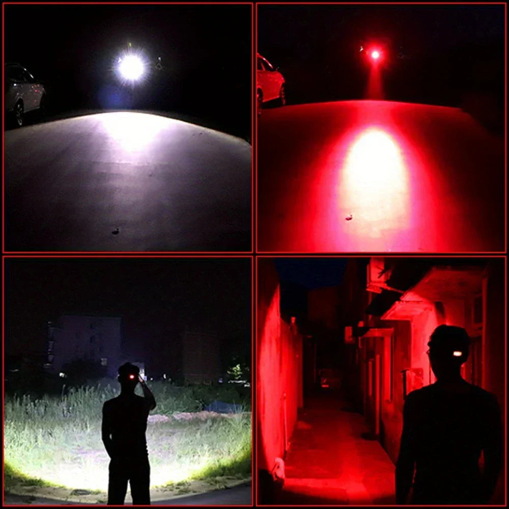 Lampe frontale LED rechargeable, lumière blanche, rouge et verte