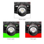 Lampe frontale LED rechargeable, lumière blanche, rouge et verte