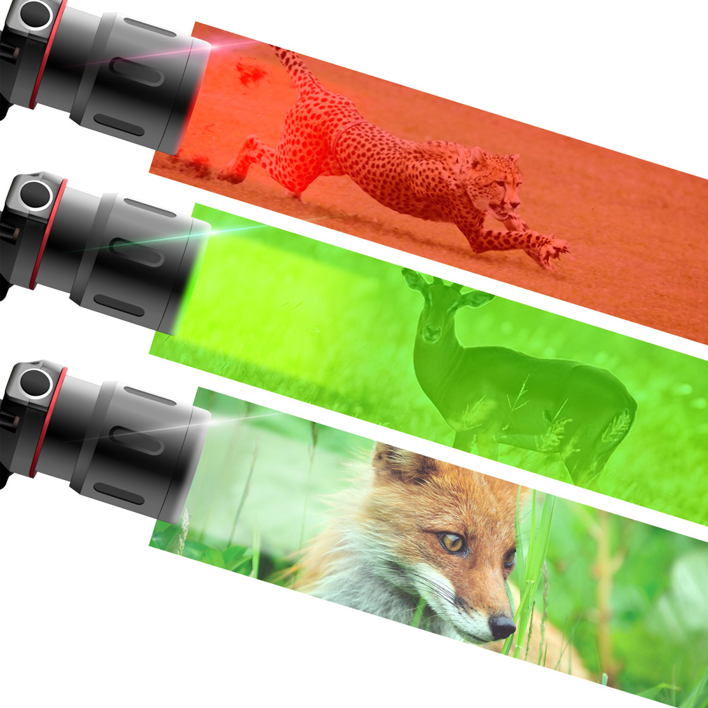 Lampe frontale LED rechargeable, lumière blanche, rouge et verte