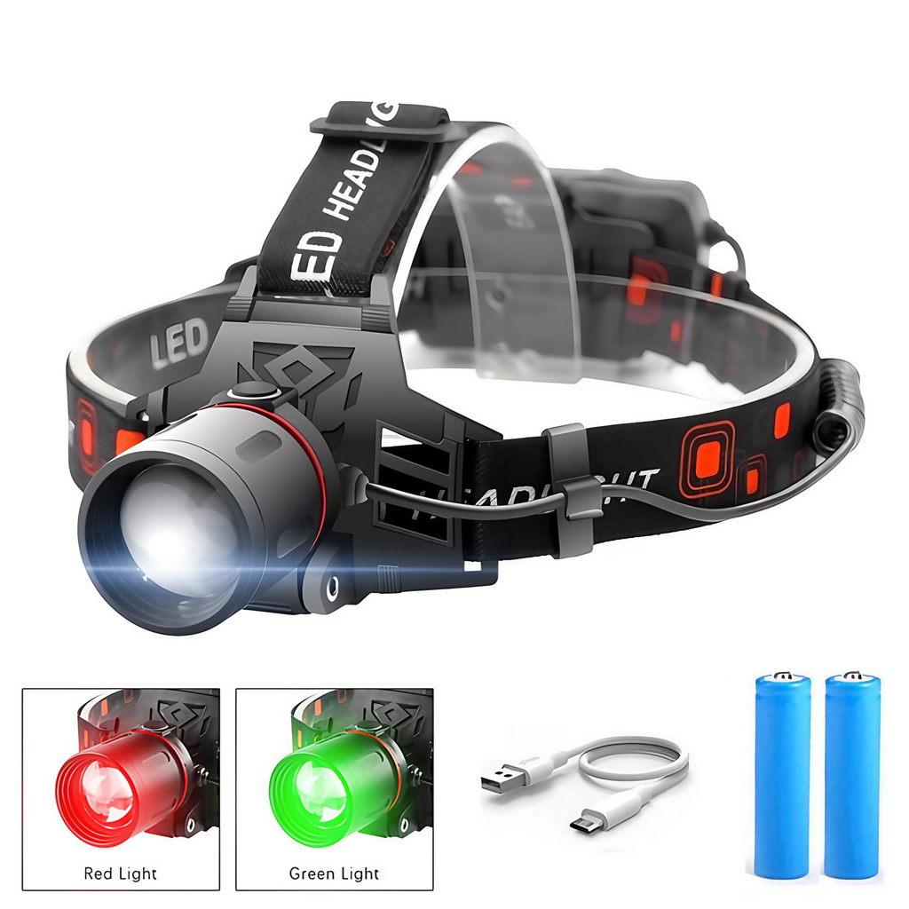 Lampe frontale LED rechargeable, lumière blanche, rouge et verte, vert