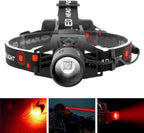 Lampe frontale LED rechargeable, lumière blanche, rouge et verte