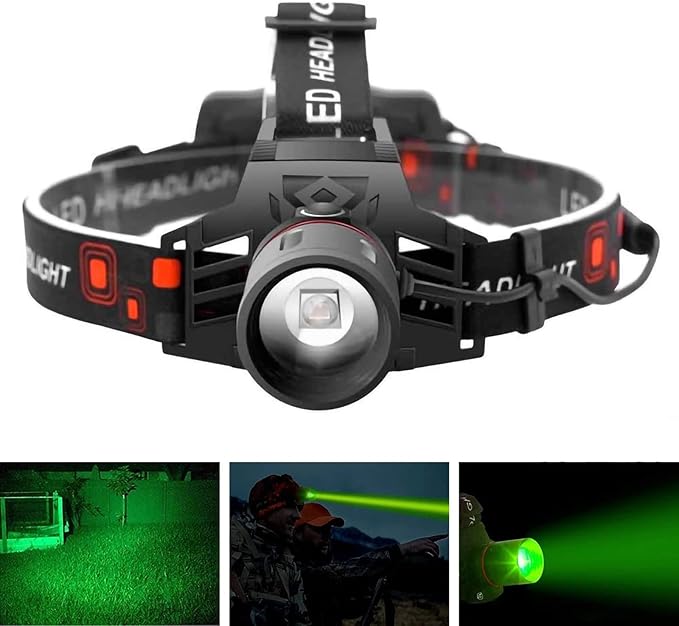 Lampe frontale LED rechargeable, lumière blanche, rouge et verte