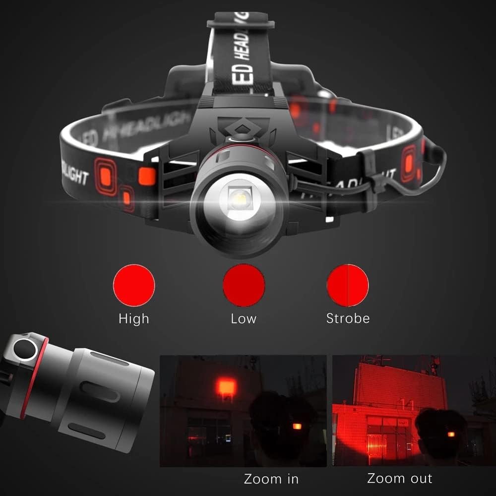 Lampe frontale LED rechargeable, lumière blanche, rouge et verte