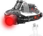 Lampe frontale LED rechargeable, lumière blanche, rouge et verte