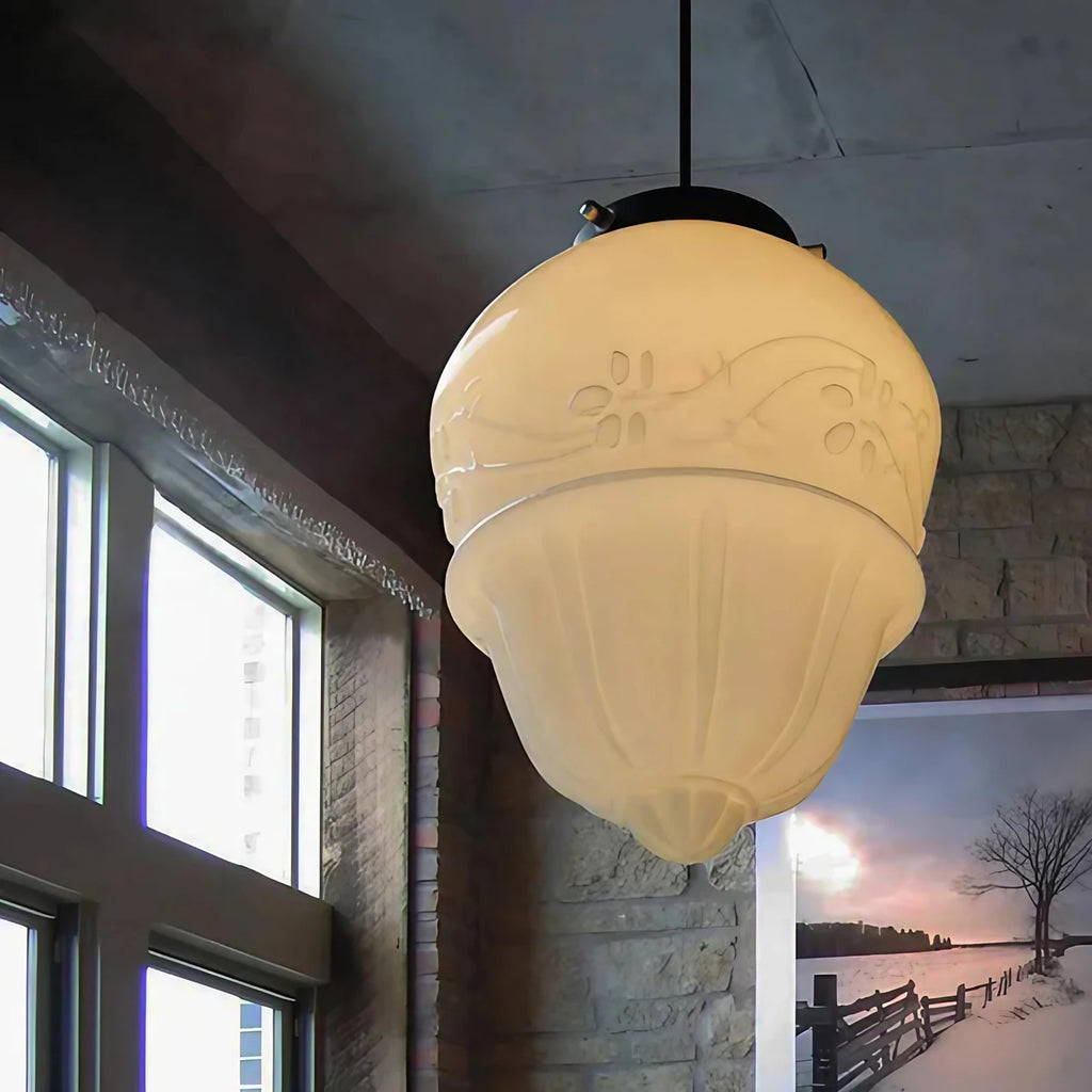 Suspension en verre blanc laiteux, forme géométrique, cinq modèles