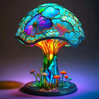 Lampe à poser effet vitrail, huit motifs fleurs, champignons, poulpe