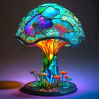 Lampe à poser effet vitrail, huit motifs fleurs, champignons, poulpe
