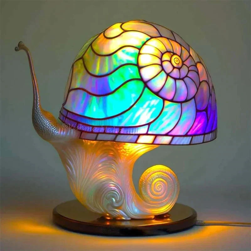 Lampe à poser effet vitrail, huit motifs fleurs, champignons, poulpe
