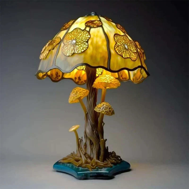Lampe à poser effet vitrail, huit motifs fleurs, champignons, poulpe