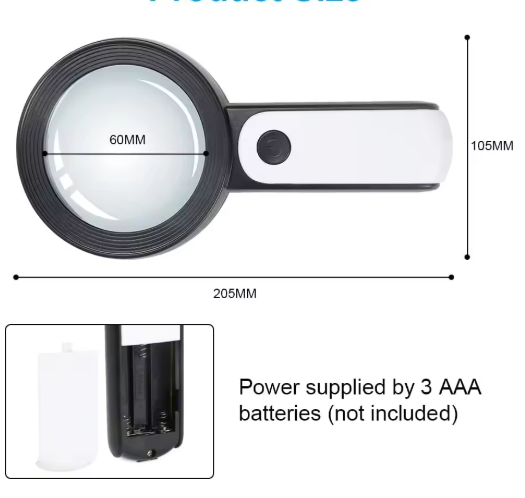 Loupe à main grossissement 30x avec éclairage LED, à piles
