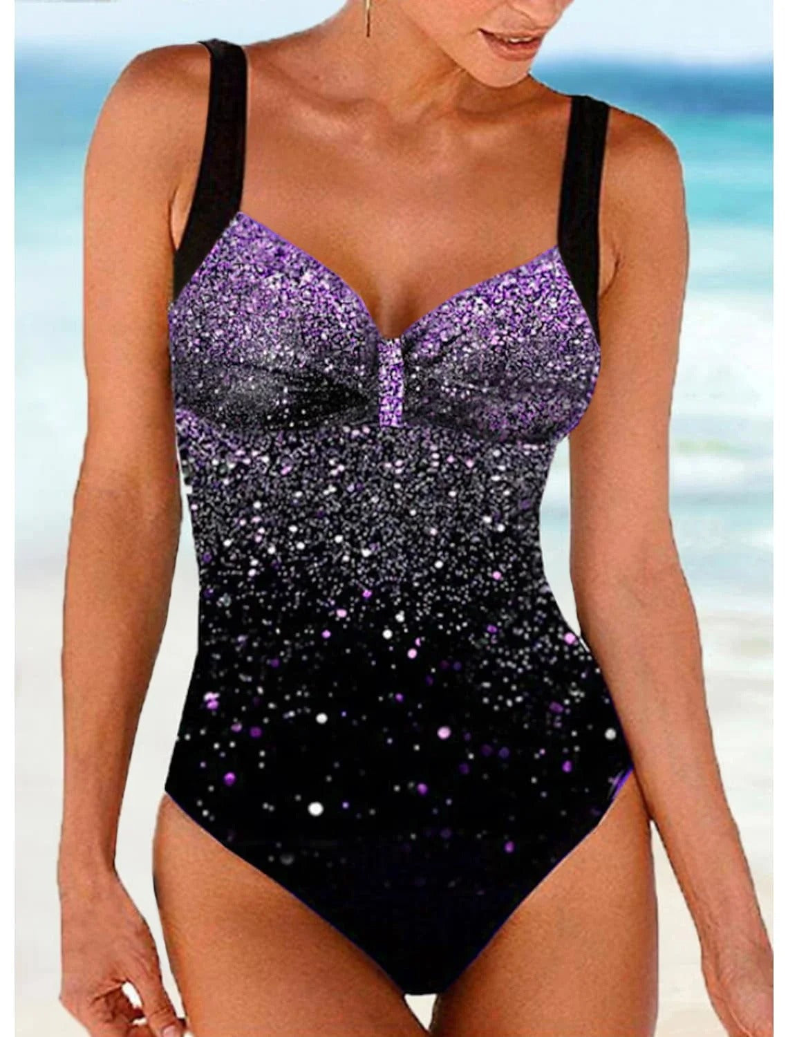 Maillot de bain push-up femme, coupe ajustée, cinq coloris, violet et noir