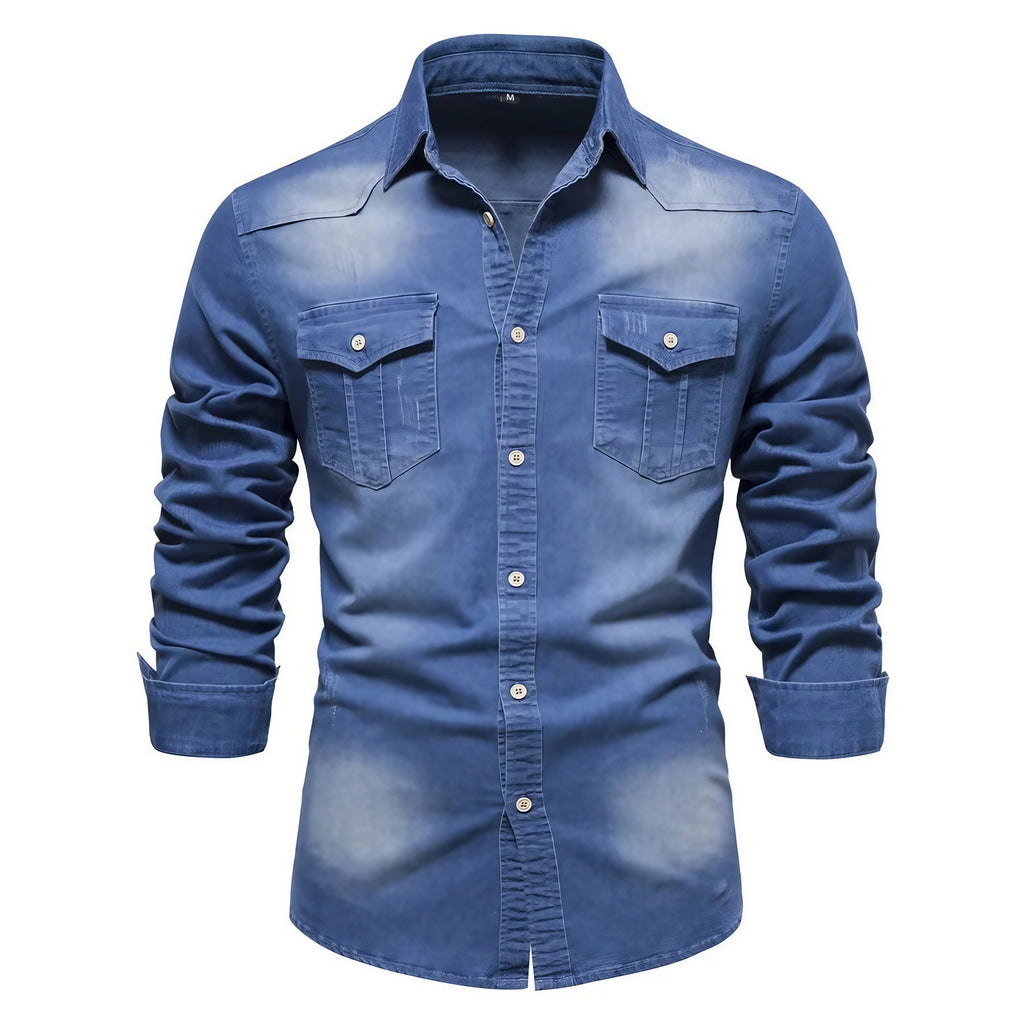 Chemise en denim homme, coupe droite, poches poitrine, bleu denim
