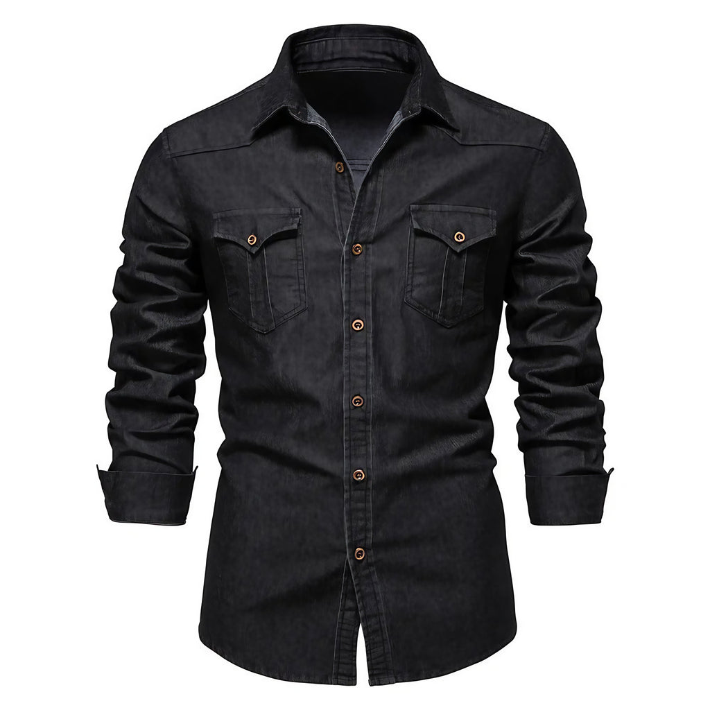 Chemise en denim homme, coupe droite, poches poitrine, noir