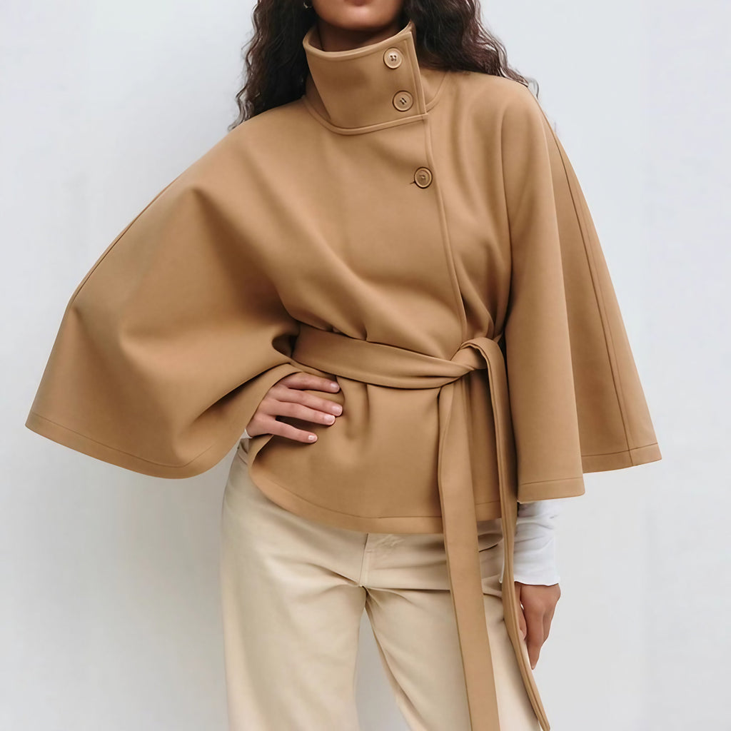 Manteau cape femme à col montant et ceinture réglable, kaki