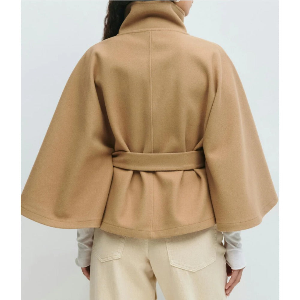 Manteau cape femme à col montant et ceinture réglable
