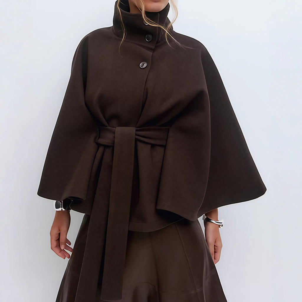 Manteau cape femme à col montant et ceinture réglable, marron