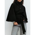 Manteau cape femme à col montant et ceinture réglable, noir