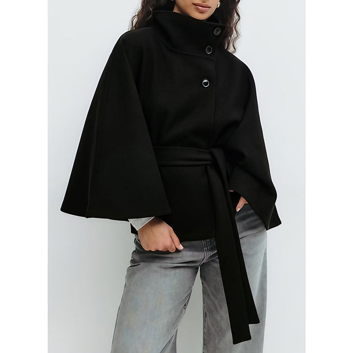 Manteau cape femme à col montant et ceinture réglable, noir
