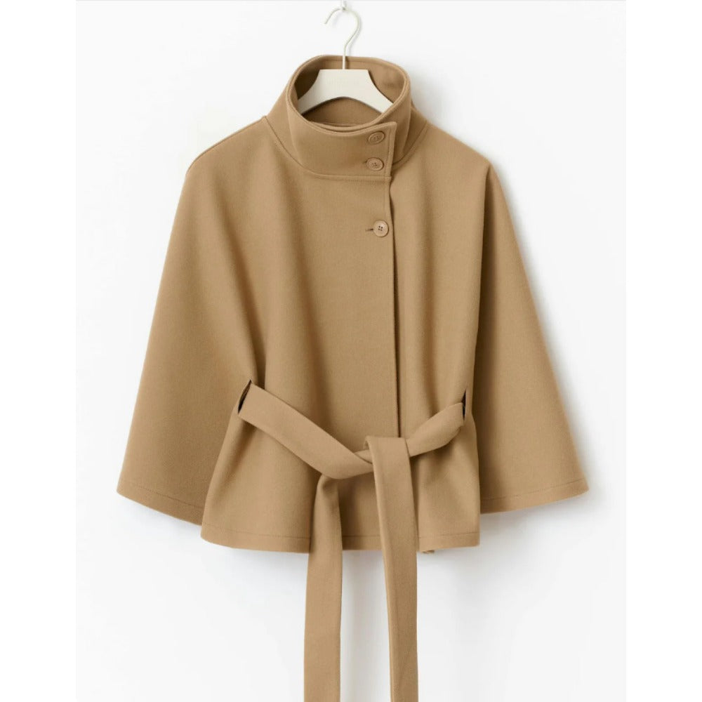 Manteau cape femme à col montant et ceinture réglable