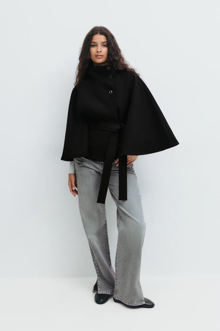 Manteau cape femme à col montant et ceinture, cinq coloris