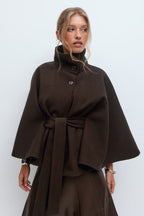 Manteau cape femme à col montant et ceinture, cinq coloris