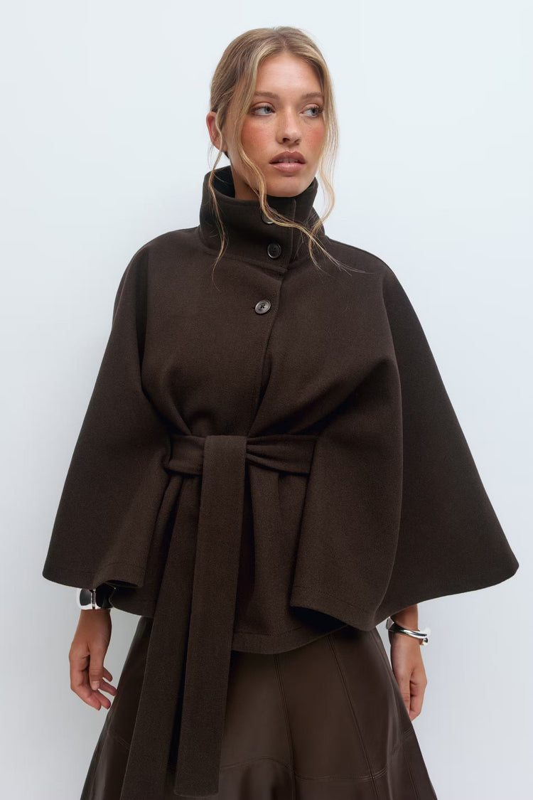 Manteau cape femme à col montant et ceinture, cinq coloris