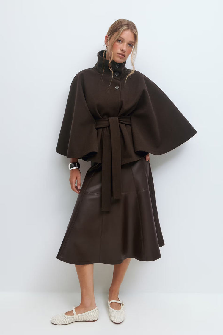 Manteau cape femme à col montant et ceinture, cinq coloris