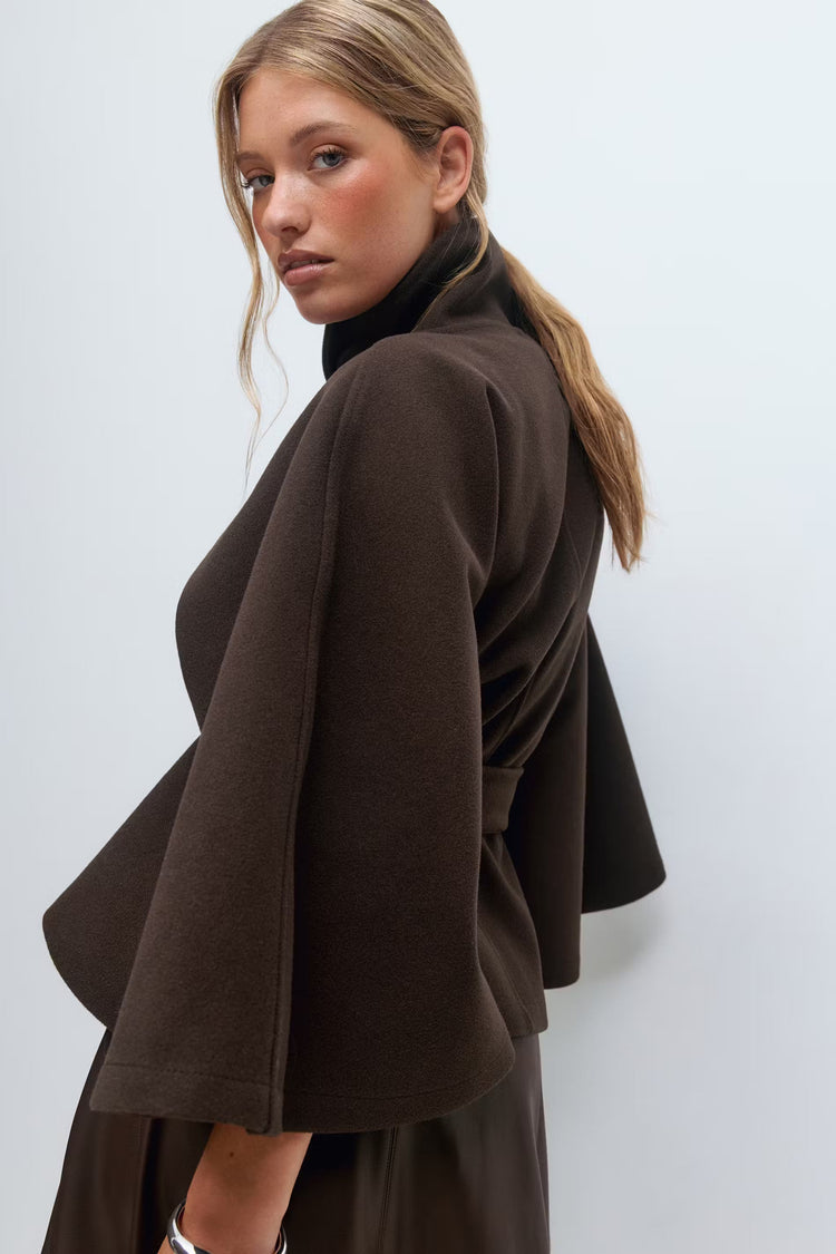 Manteau cape femme à col montant et ceinture, cinq coloris