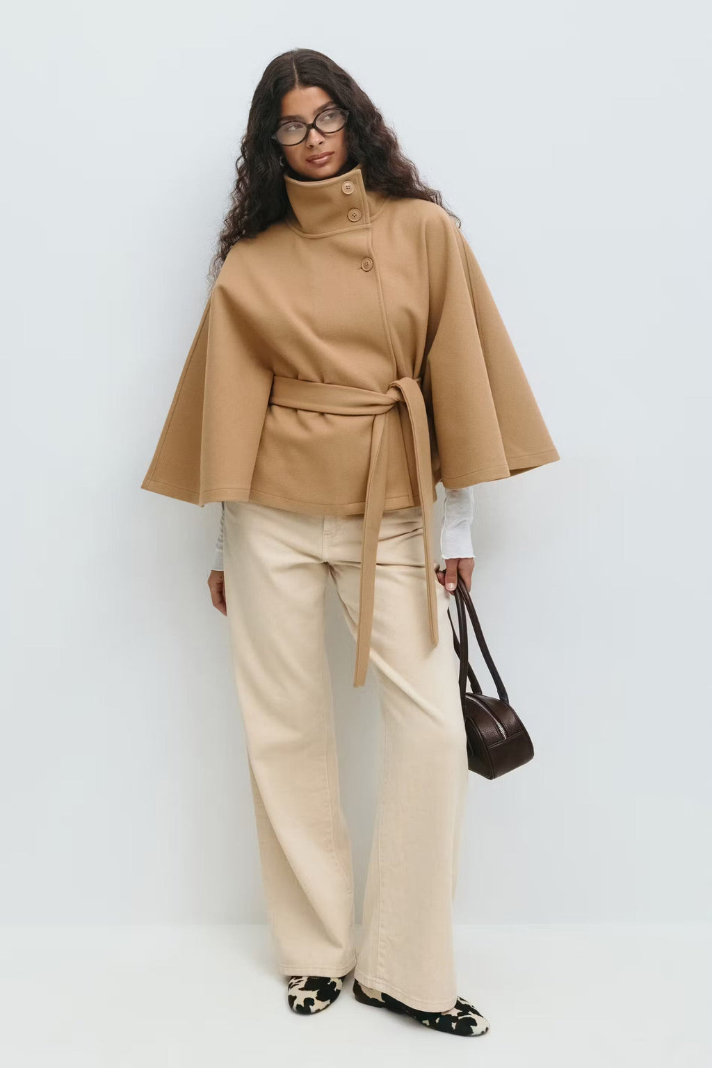 Manteau cape femme à col montant et ceinture, cinq coloris