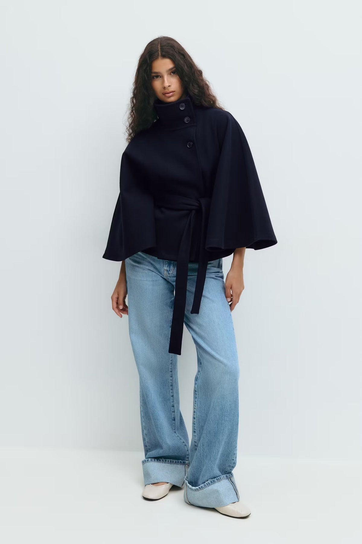 Manteau cape femme à col montant et ceinture, cinq coloris