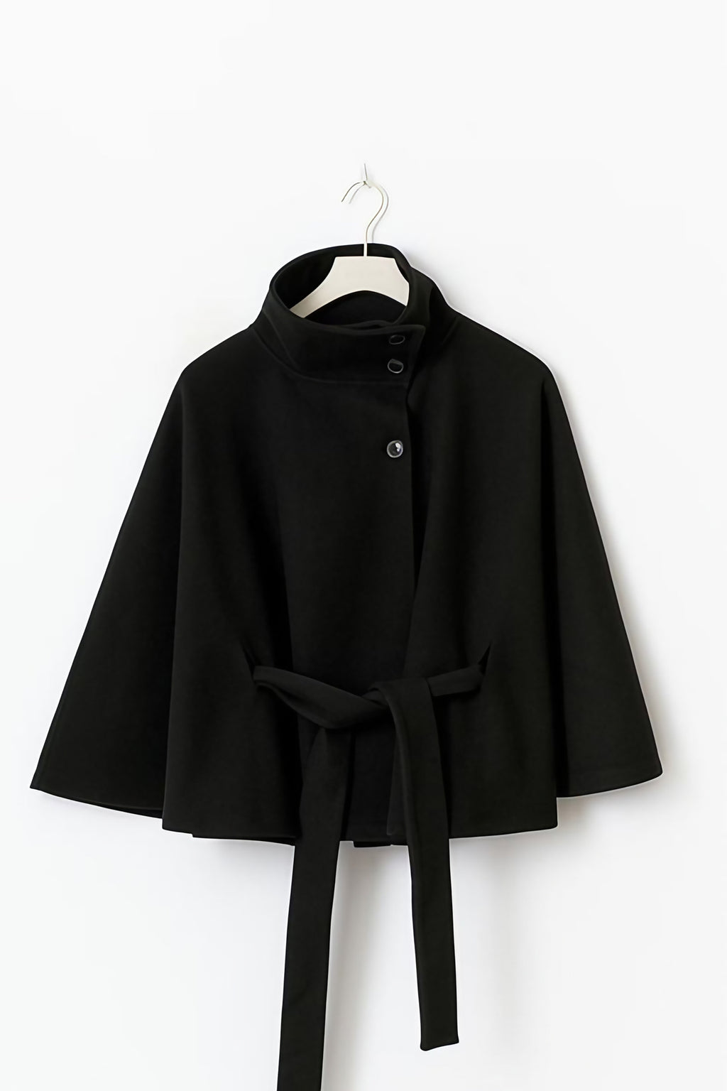Manteau cape femme à col montant et ceinture, cinq coloris, noir