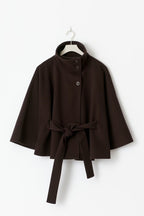 Manteau cape femme à col montant et ceinture, cinq coloris, brun