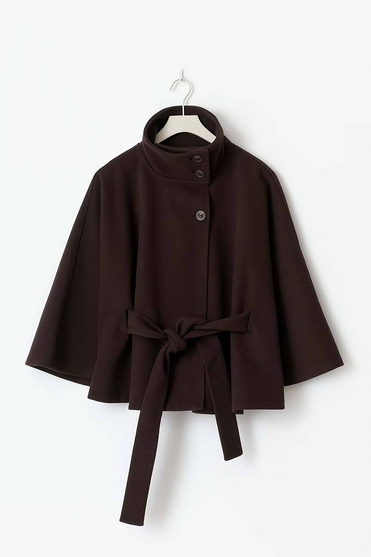 Manteau cape femme à col montant et ceinture, cinq coloris, brun