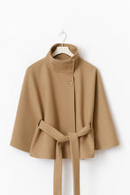 Manteau cape femme à col montant et ceinture, cinq coloris, marron clair