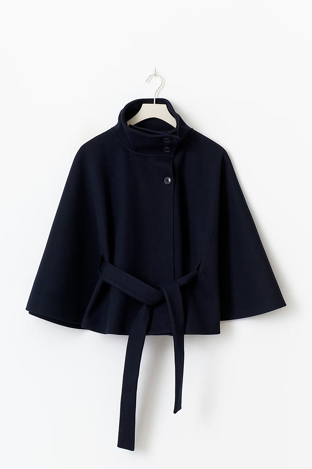 Manteau cape femme à col montant et ceinture, cinq coloris, bleu marine