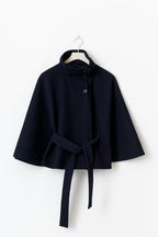 Manteau cape femme à col montant et ceinture, cinq coloris, bleu marine