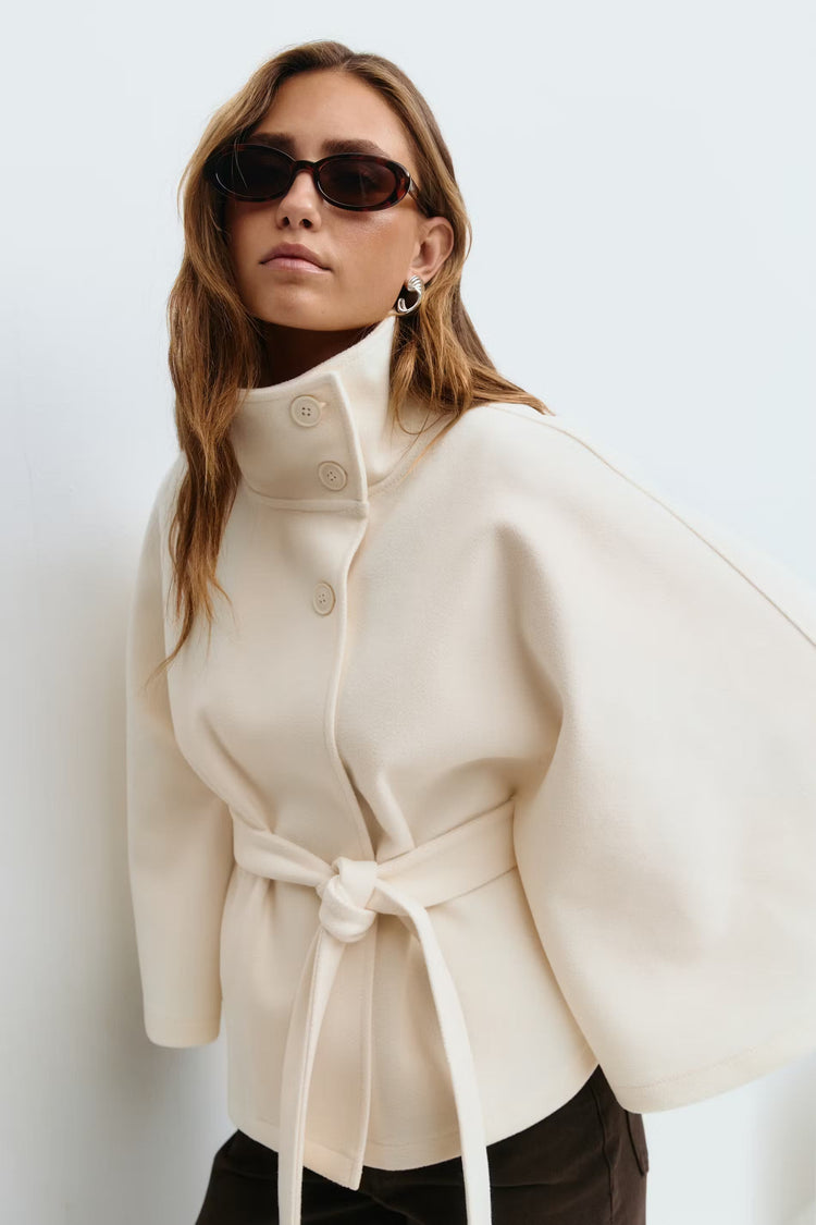 Manteau cape femme à col montant et ceinture, cinq coloris