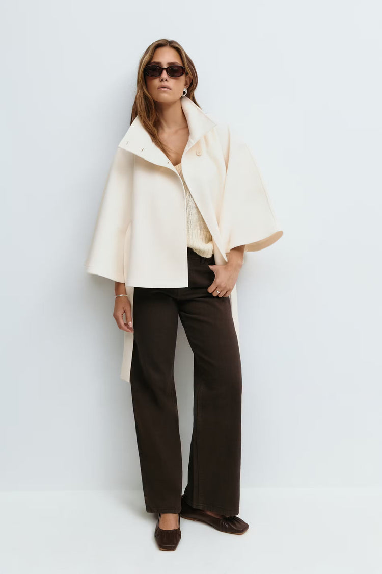 Manteau cape femme à col montant et ceinture, cinq coloris