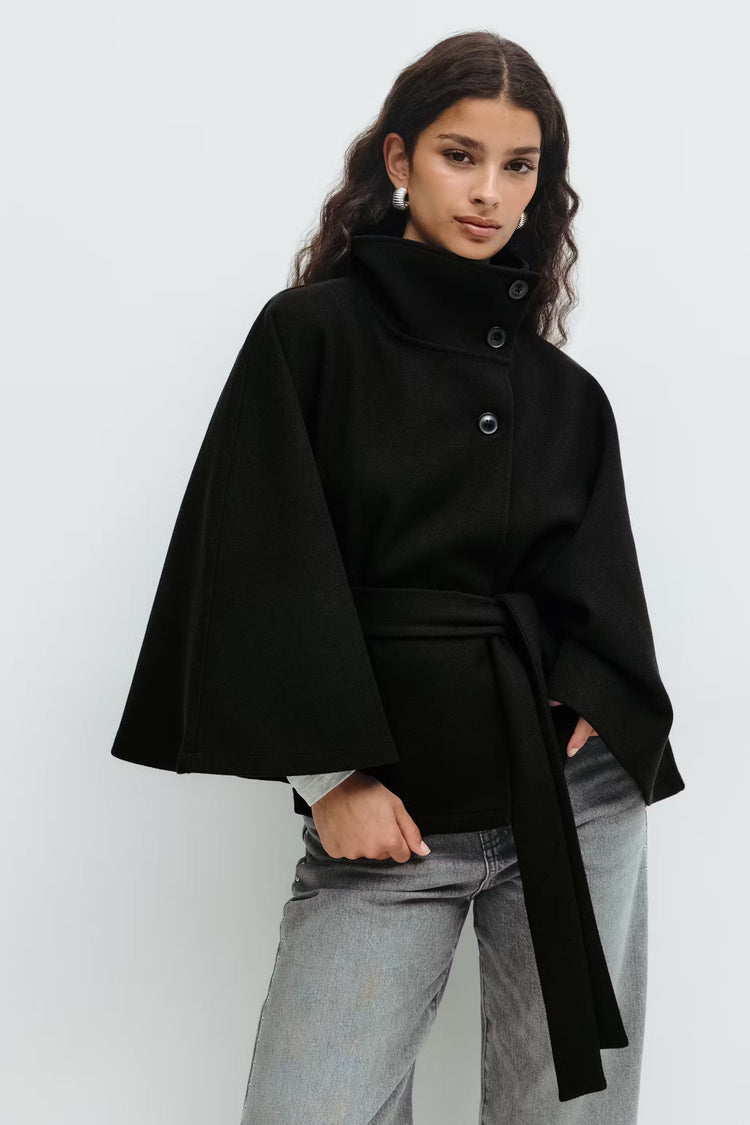 Manteau cape femme à col montant et ceinture, cinq coloris