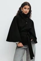 Manteau cape femme à col montant et ceinture, cinq coloris