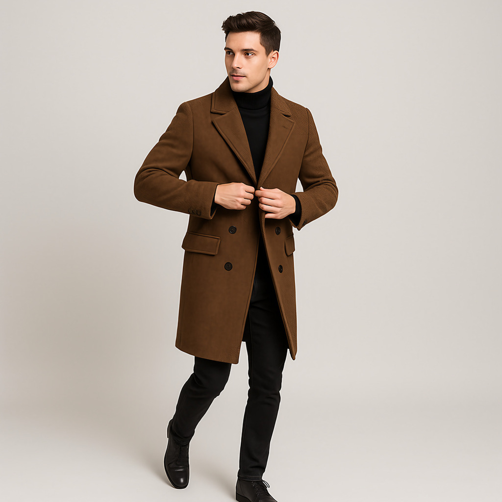 Manteau croisé homme à larges revers, marron ou noir