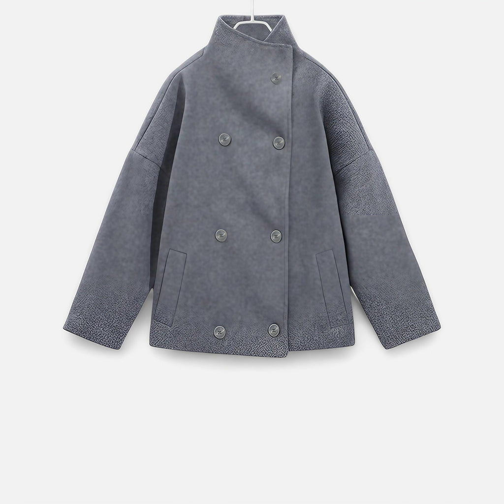 Manteau court femme col montant, double boutonnage, sept coloris, gris